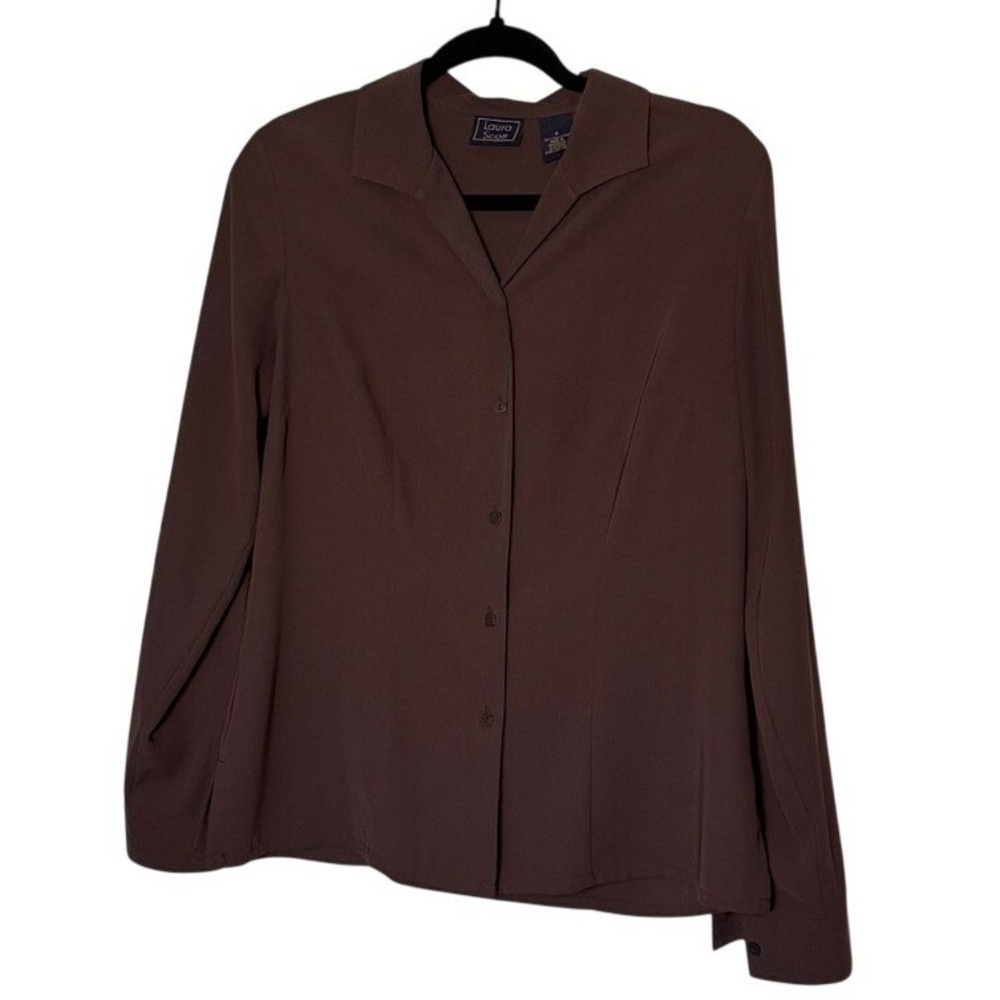 Laura Scott Womens Brown Long Sleeve Button Down Blouse Shirt Size 8
